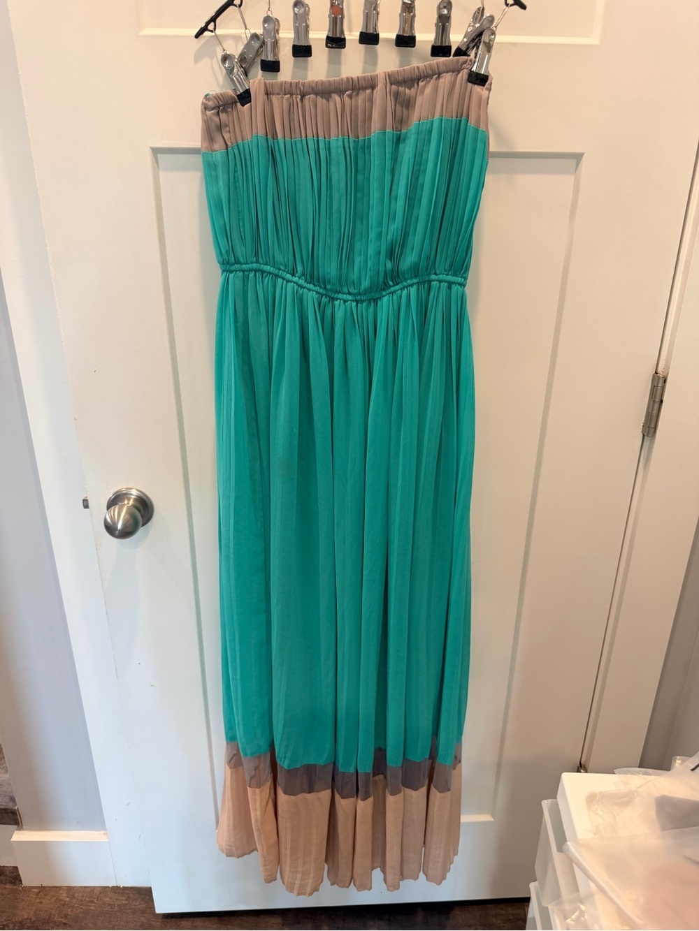 Romeo & Juliet Couture Strapless Pleated Maxi Dress Turquoise Taupe Large